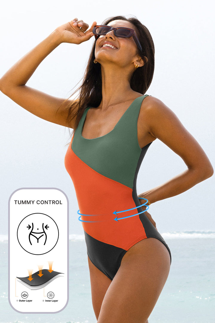 color block padded square neck one piece swimsuit