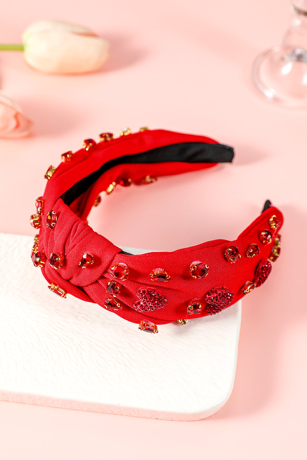 Serre-tête large noué en forme de cœur avec strass et verre