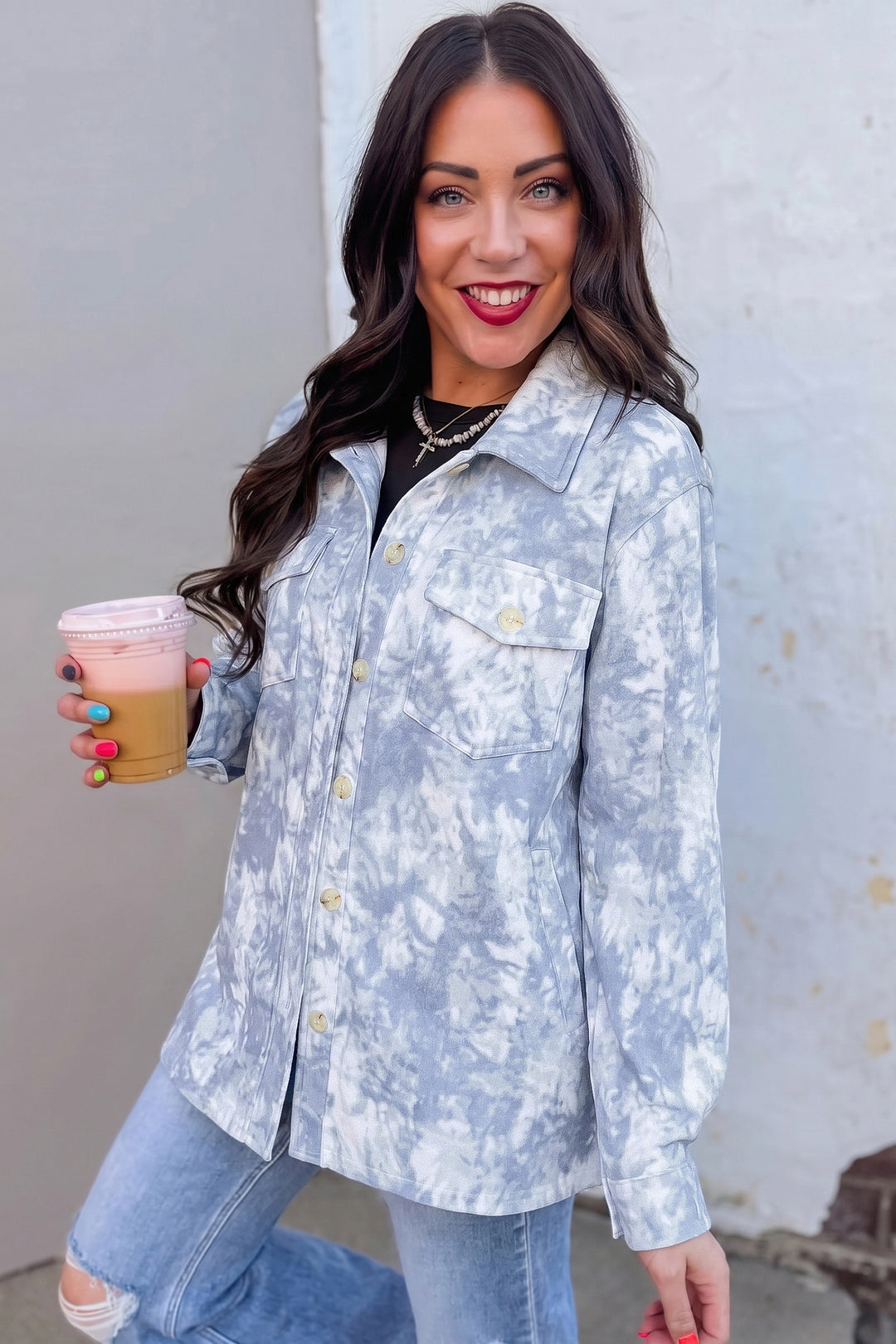 Gray Abstract Print Fuzzy Collar Long Sleeve Patch Pocket Tunic Jacket