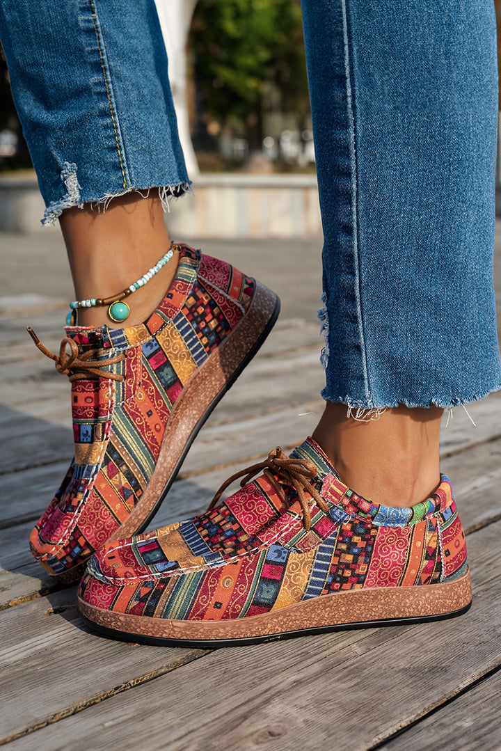Western Print Faux Suede Lace-up Decor Slip On Shoes