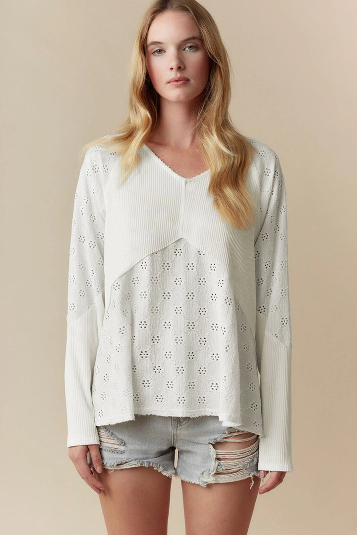 Twisted Rib Patchwork Embroidered Loose V Neck Long Sleeve Top