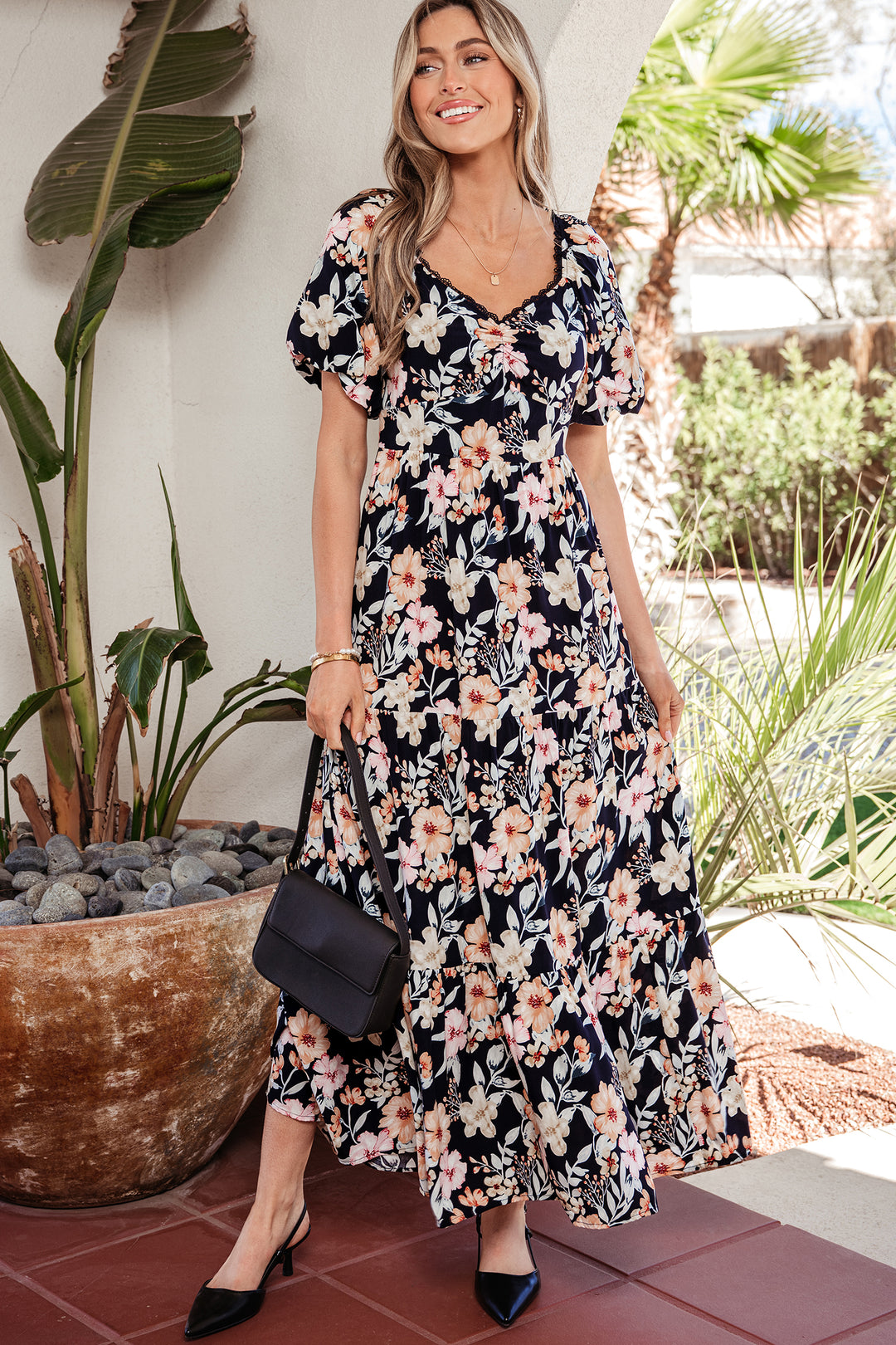 Short Sleeve Smocked Detail High Waist Floral Maxi Dress