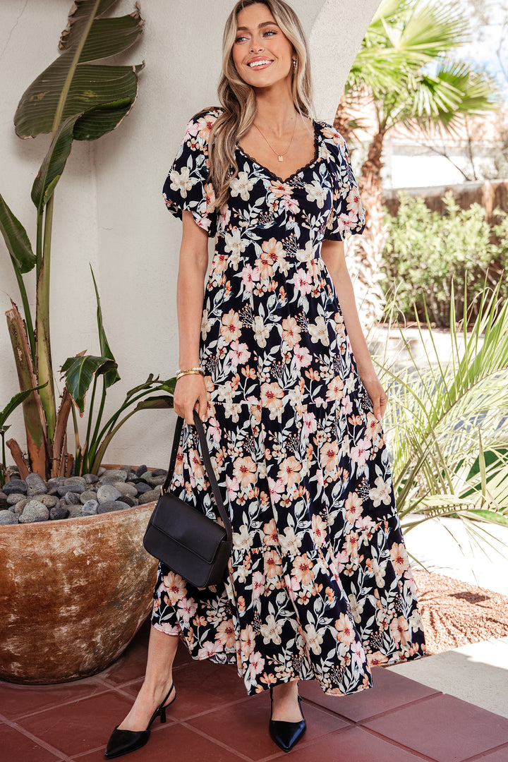 Short Sleeve Smocked Detail High Waist Floral Maxi Dress