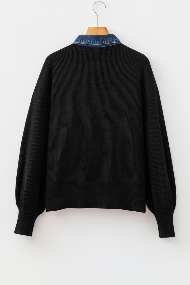 Color black Placket Paneling Shirt Collar Long Sleeve Cardigan