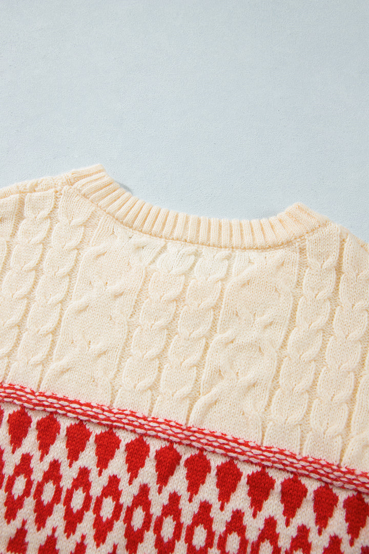 Red Western Print Round Neck Long Sleeve Shift Sweater