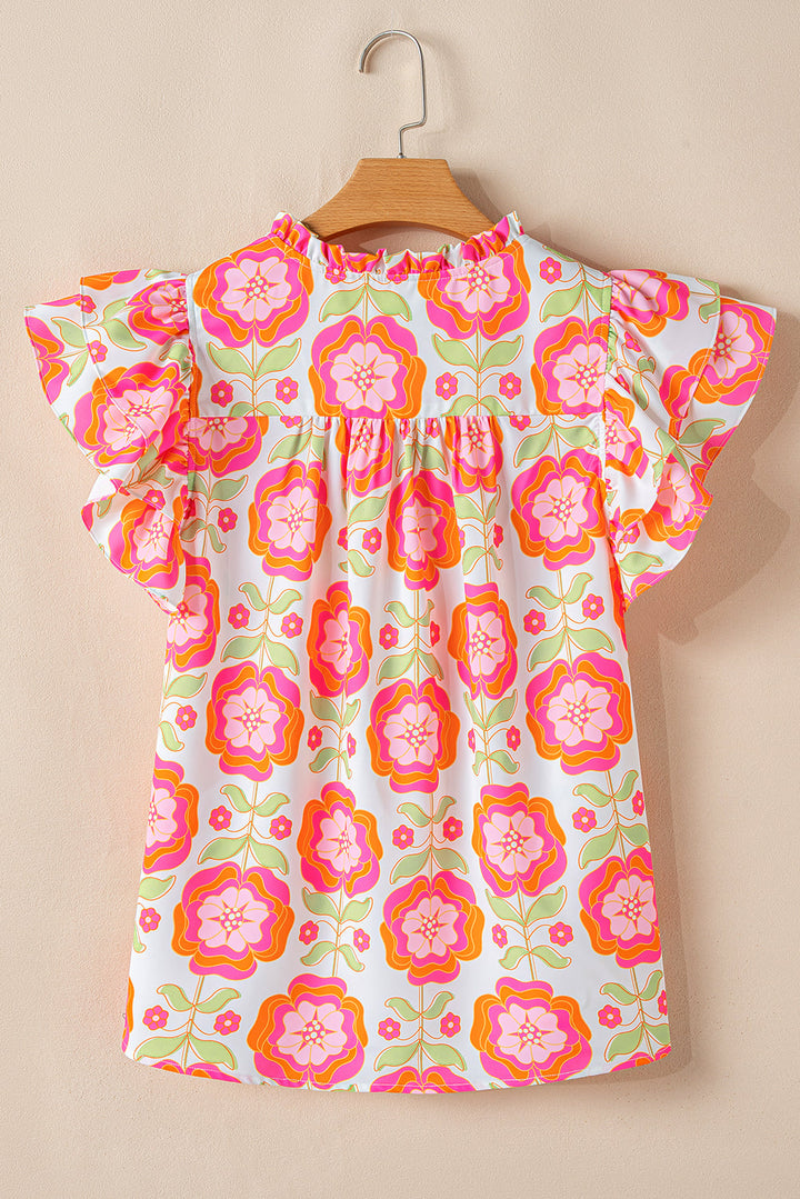 floral ruffled sleeve ric rac trim split neck loose blouse