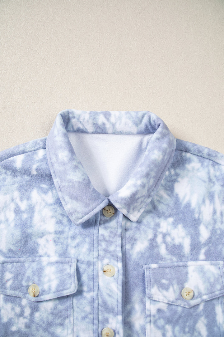 Gray Abstract Print Fuzzy Collar Long Sleeve Patch Pocket Tunic Jacket