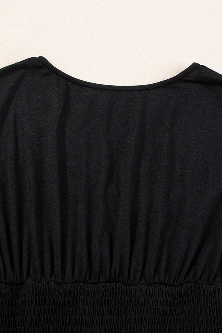 Short Sleeve Shirred High Waist V Neck Maxi Dress