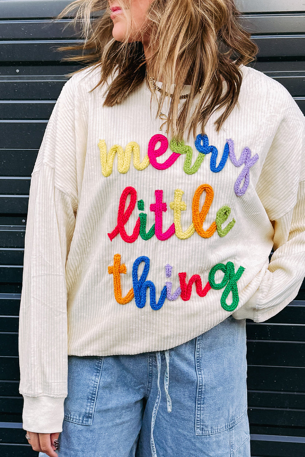 merry little thing Corded Letter Graphic Ribbed Loose Sweatshirt