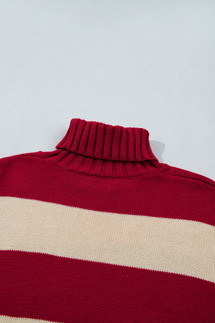Red Stripe Ribbed Trim High Neck Relaxed Pullover Sweater