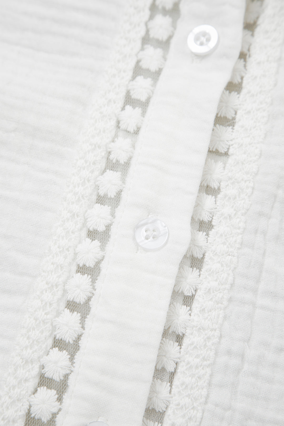 White Lace Trim Cuffed Short Sleeve Textured Shirt