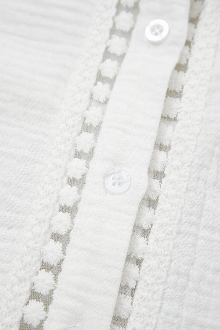 White Lace Trim Cuffed Short Sleeve Textured Shirt