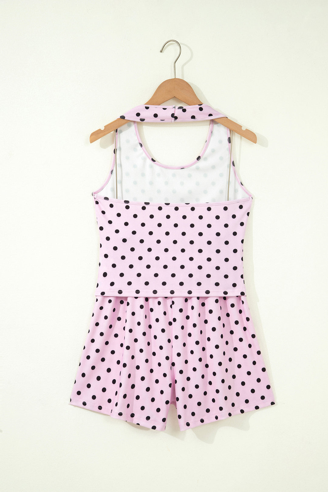 Pink Polka Dot Halter Tank Drawstring Elastic Waist Short Set