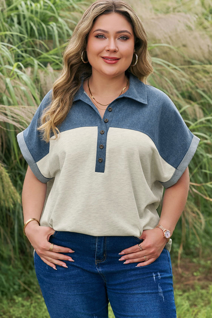 Light Grey Half Buttons Collared Denim Plus Short Sleeve Top