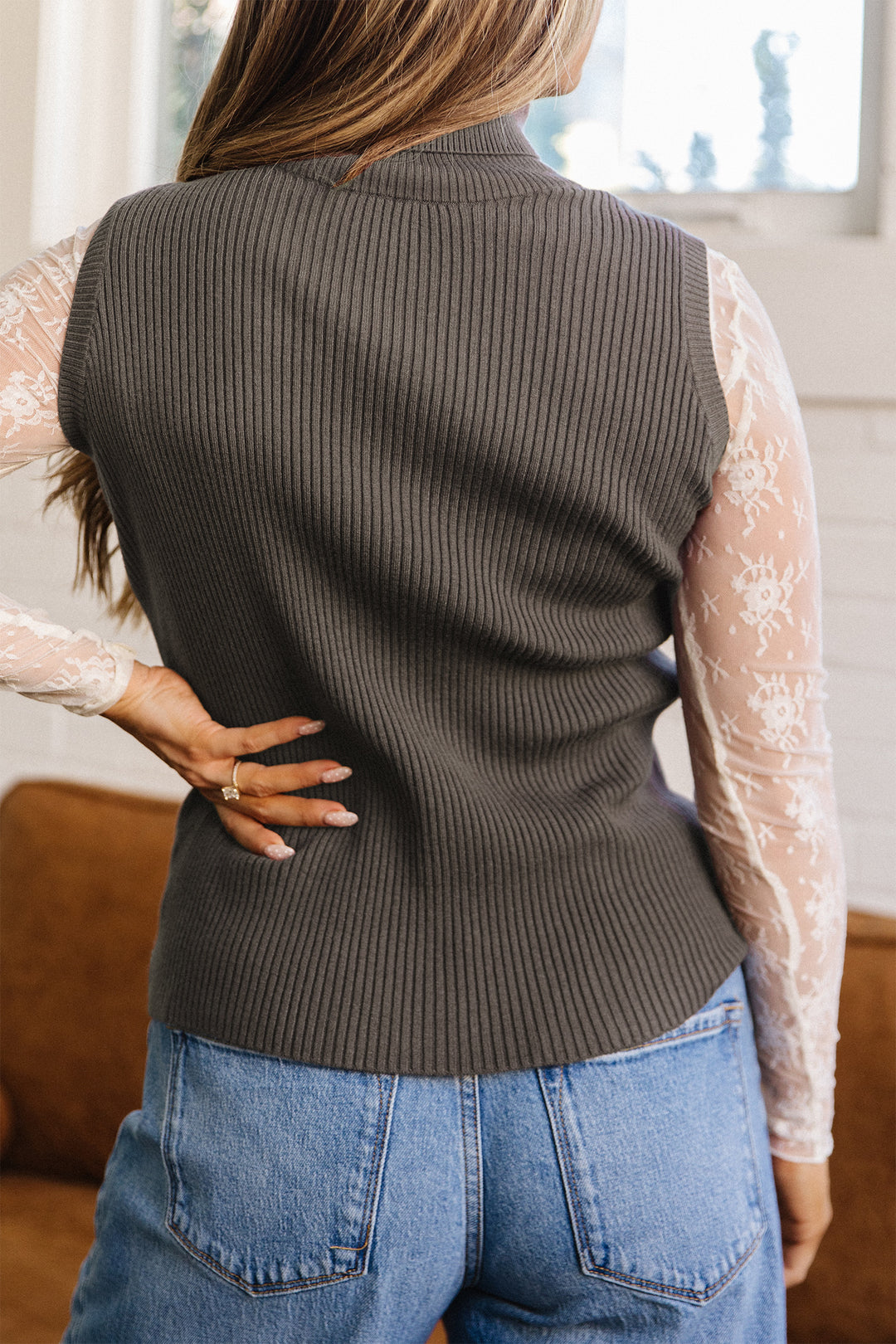 Chicory Coffee Western Ribbed Knit High Neck Waist Slim Fit Sweater Vest