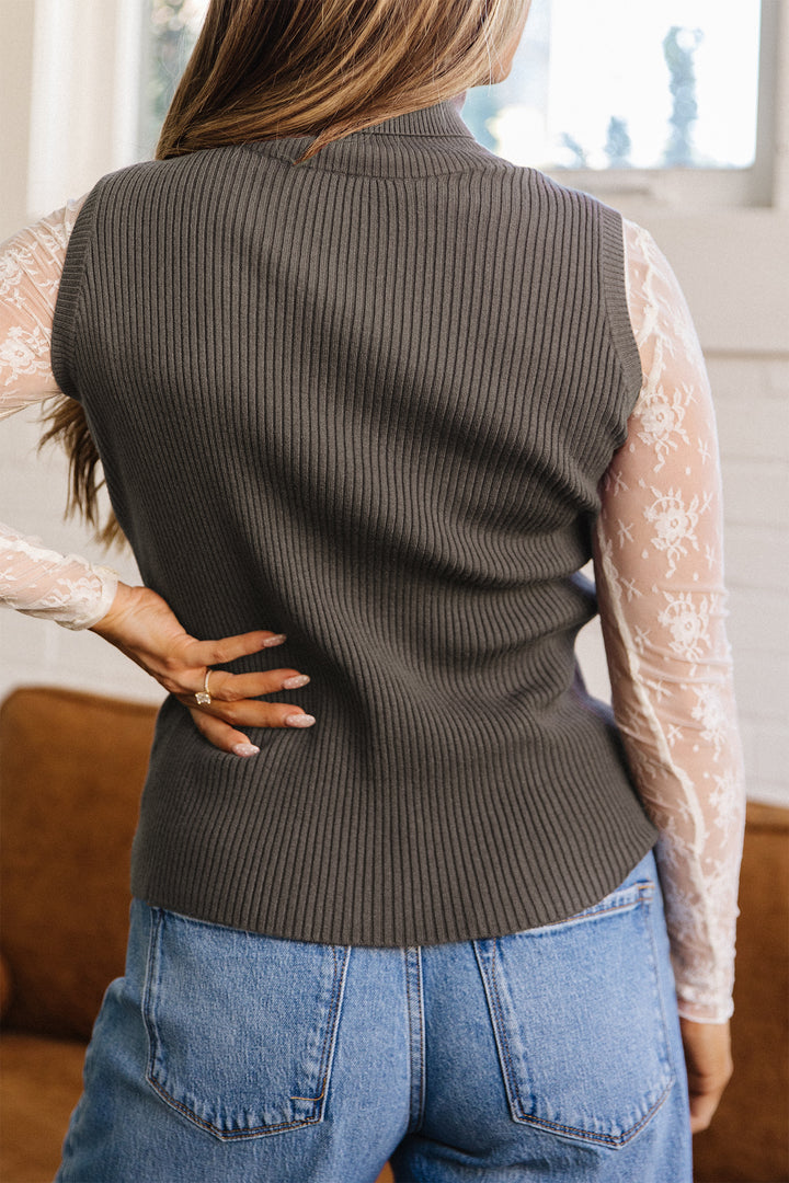 Chicory Coffee Western Ribbed Knit High Neck Waist Slim Fit Sweater Vest