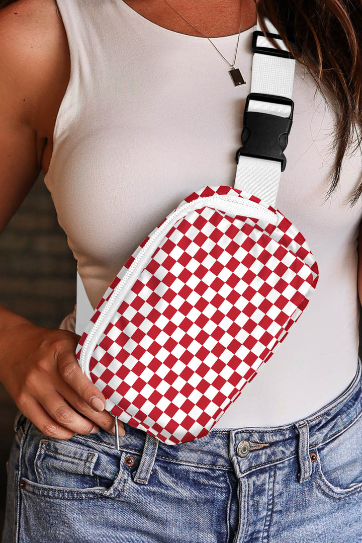 Checkered Print Zipped Buckle Strap Crossbody Bag