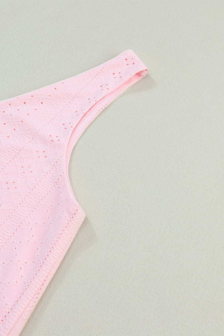 Light Pink Eyelet Knit Patterned Loose V Neck Tank Top