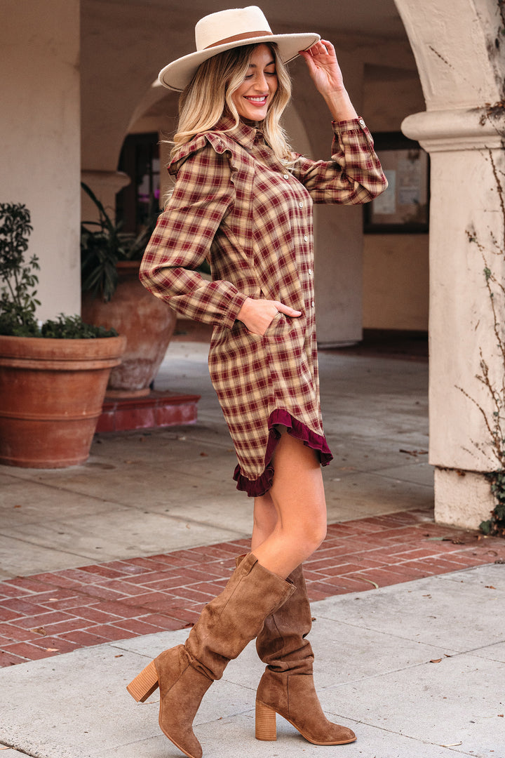 Plaid Print Ruffled Long Sleeve Patchwork Hem Mini Shirt Dress