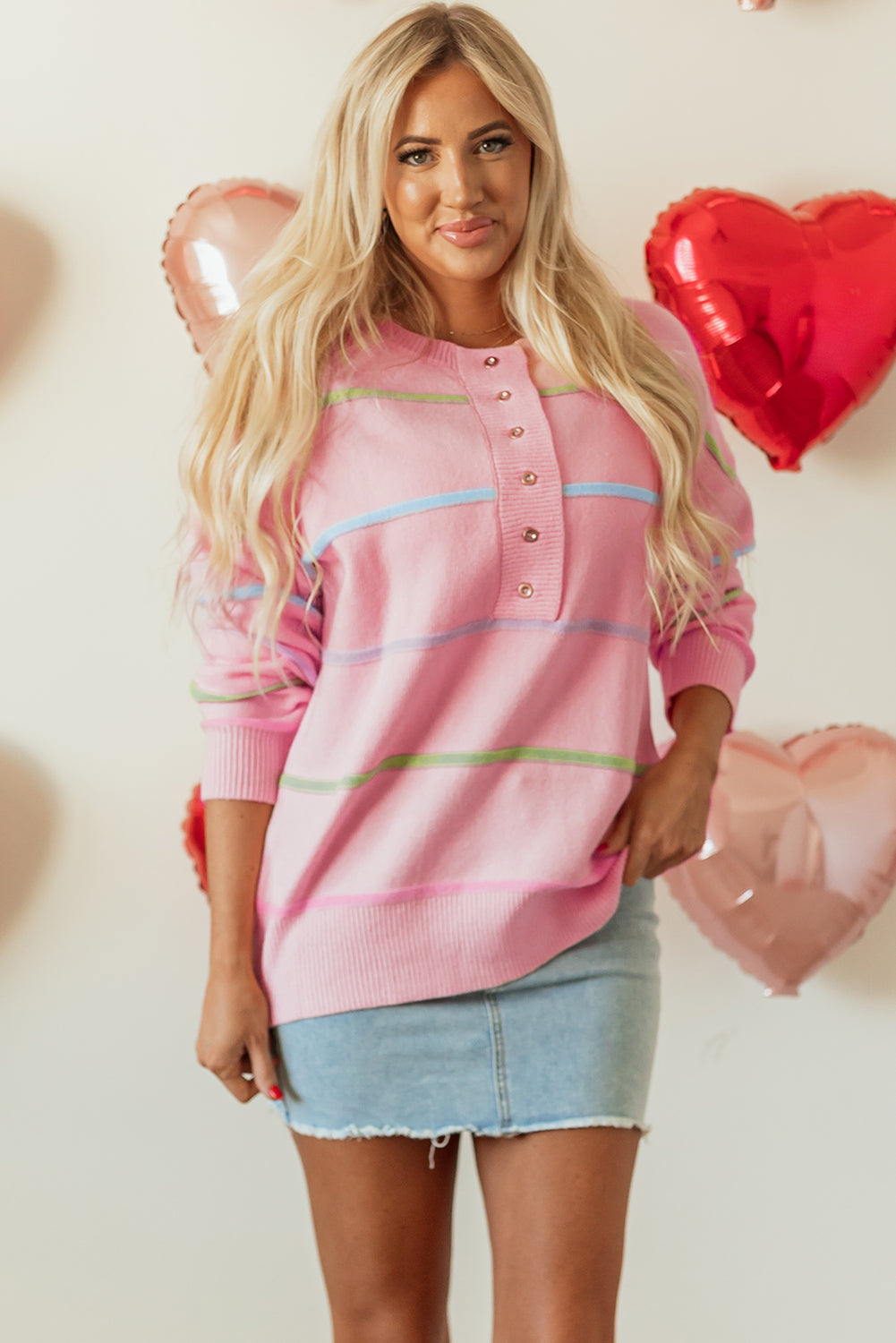 Rainbow Stripes Drop Shoulder Baggy Henley Sweater