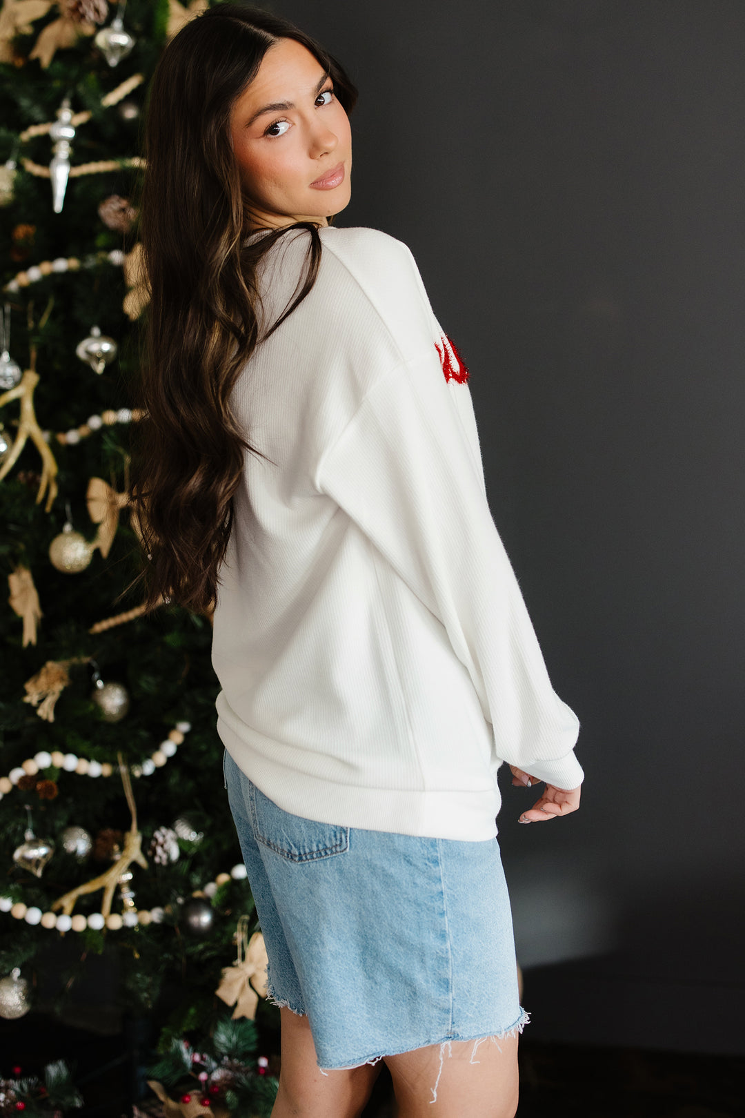 Merry Tinsel Letter Embroidery Ribbed Drop Shoulder Sweatshirt