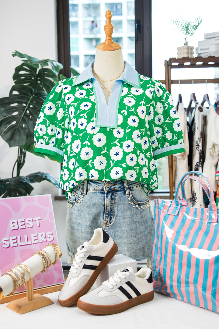 Green Flower Printed Contrast Patchwork Collar Short Sleeve Blouse