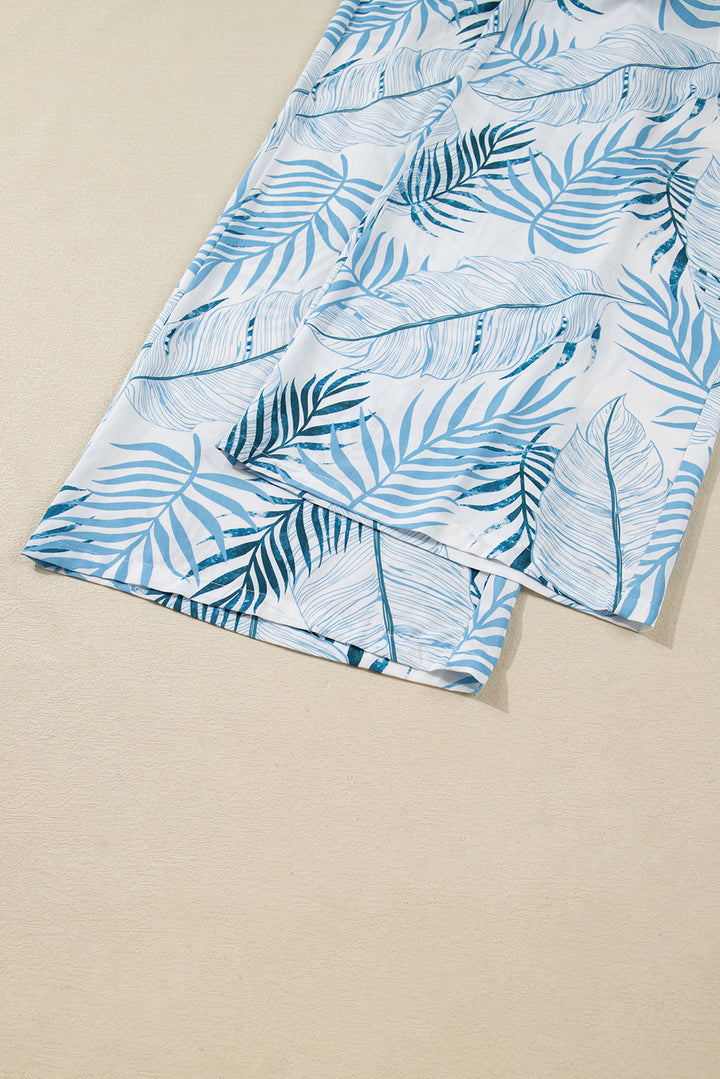 Sky Blue Botanic Print Shirred Waistband Wide Leg Pants