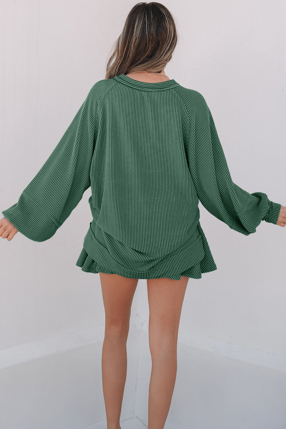Mist Green Corded Lantern Sleeve Top Ruffled Mini Skort Set