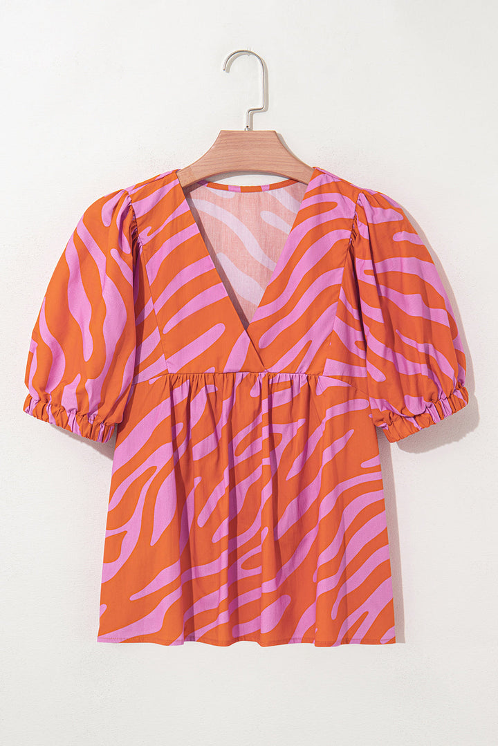 zebra stripe print ruched cuff half sleeve v neck blouse