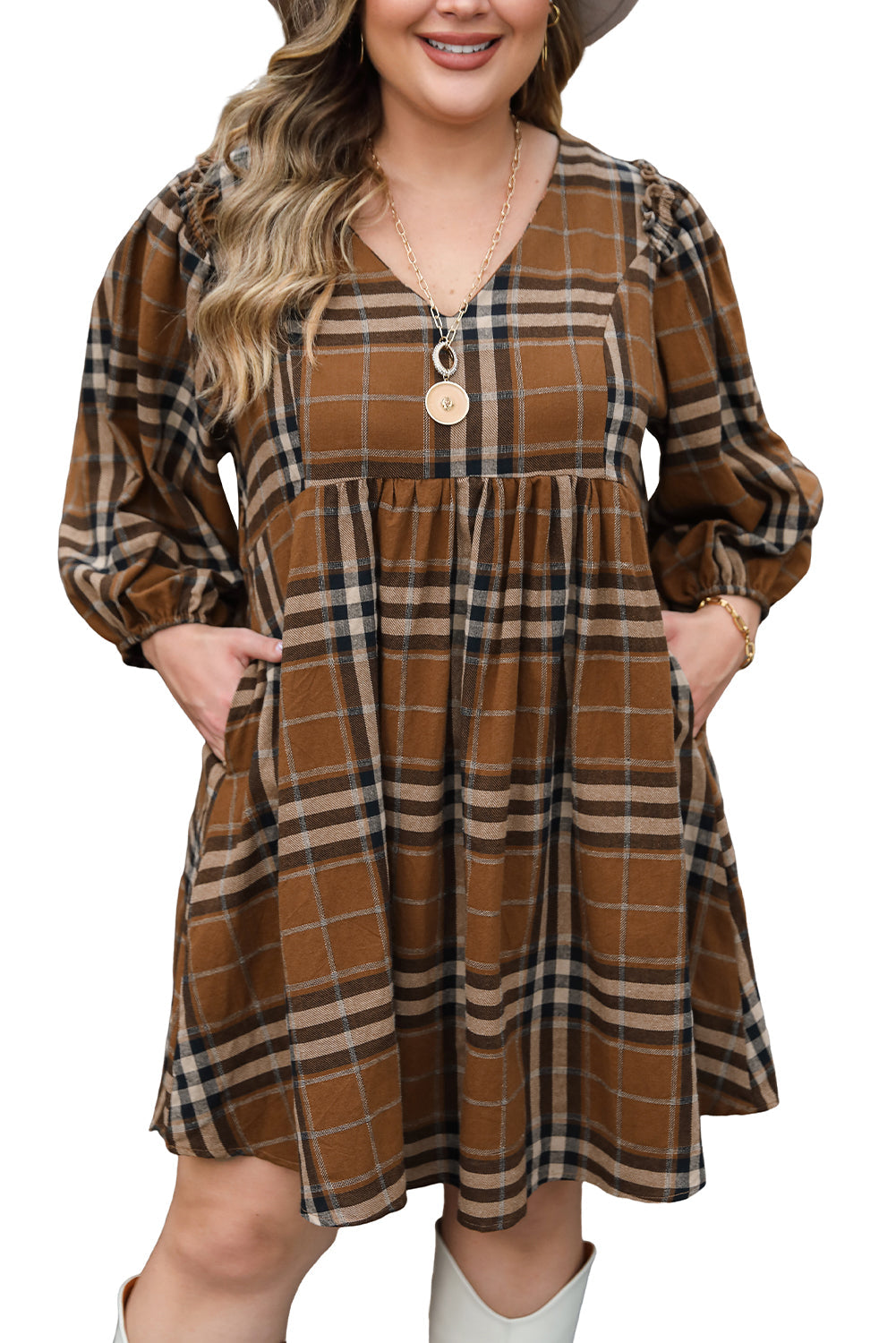 plus size babydoll dress Chic Plaid V Neck Plus Size Babydoll Dress – ModeShe