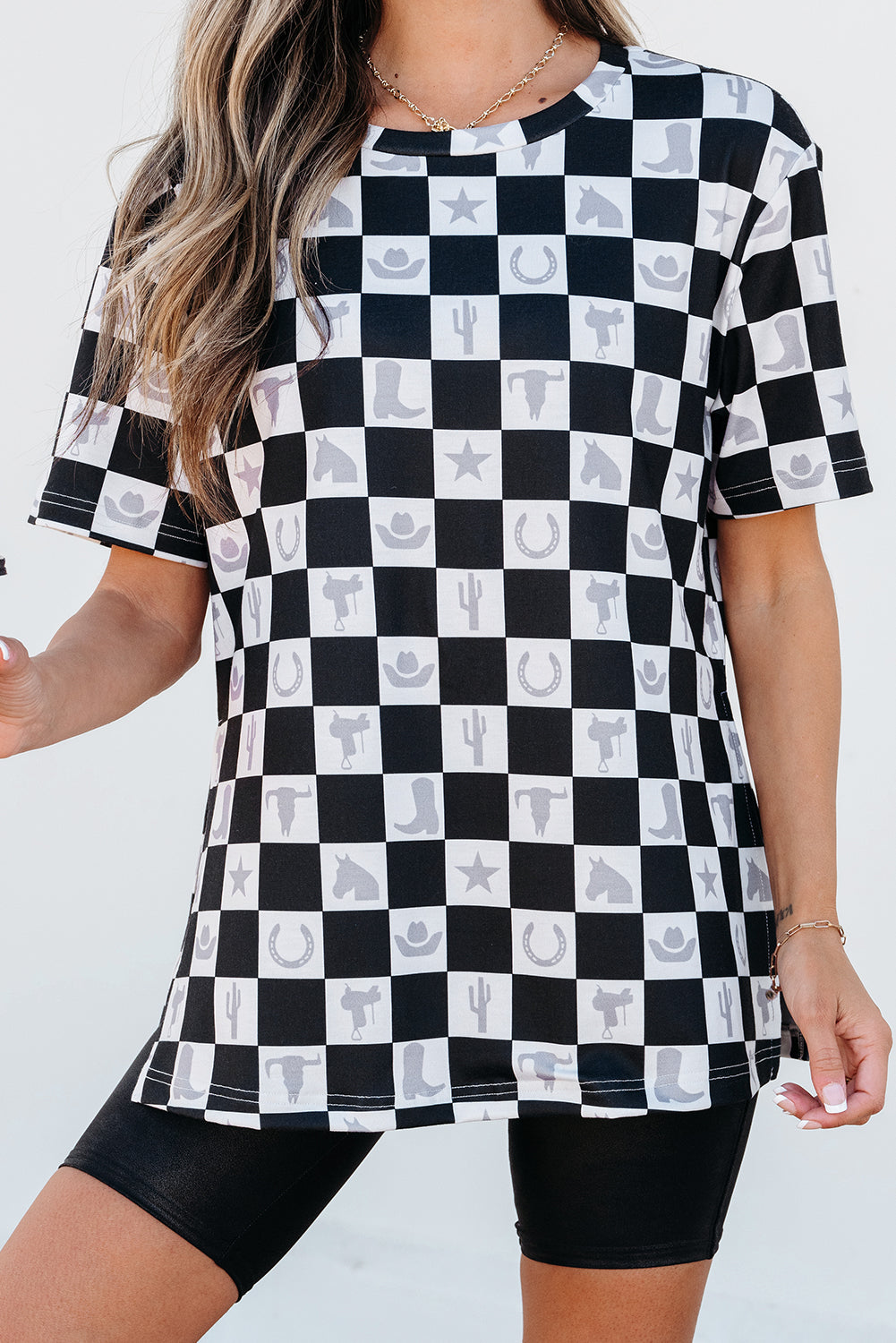 Western Fashion Checkerboard Print Side Split T Shirt
