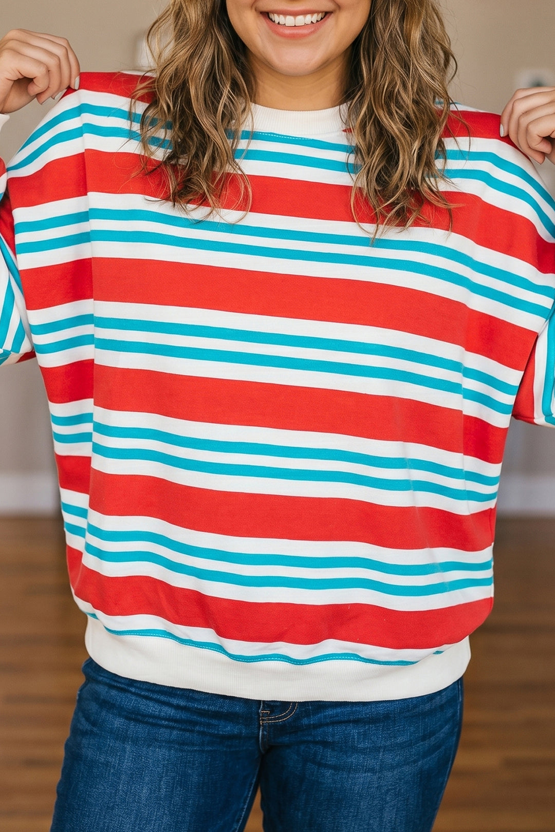 Red Stripe Striped Colorblock Long Sleeve Round Neck Tunic Plus Size Sweatshirt