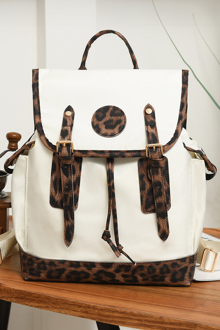 Großer Rucksack aus PU-Leder mit Leoparden-Patchwork-Klappe