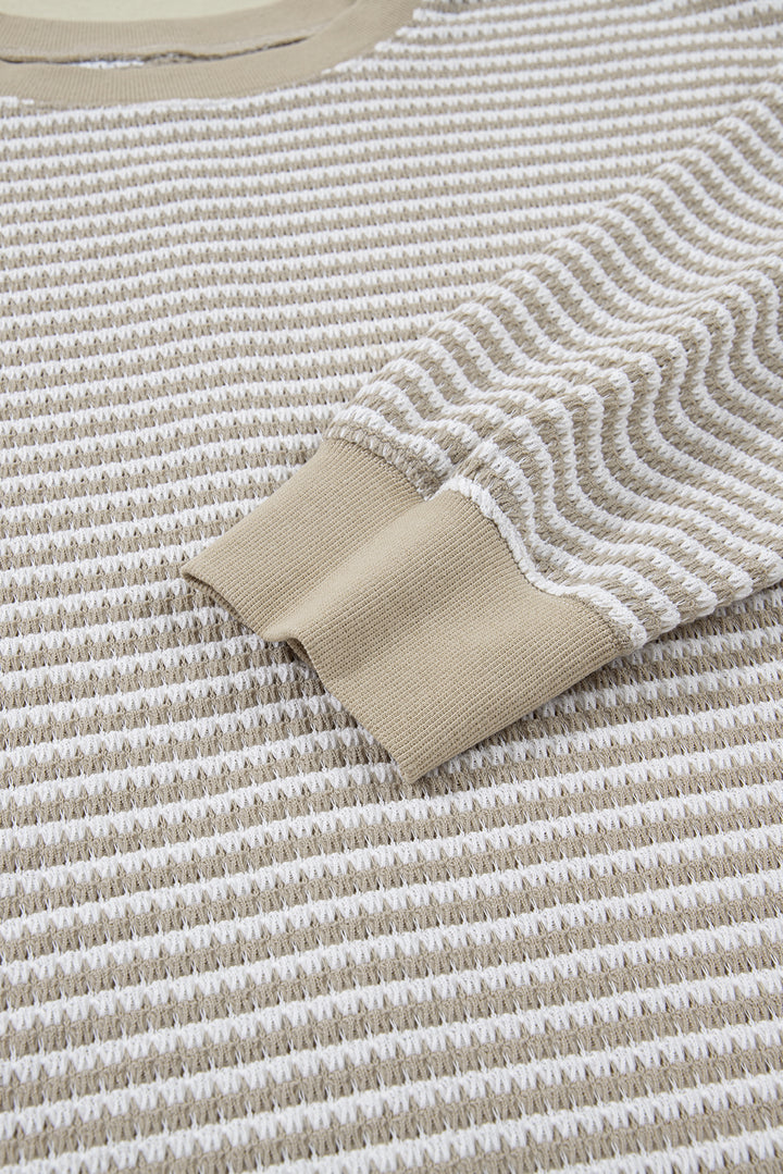 Brown Stripe Breathable Knit Ribbed Trim Plus Size Long Sleeve Top
