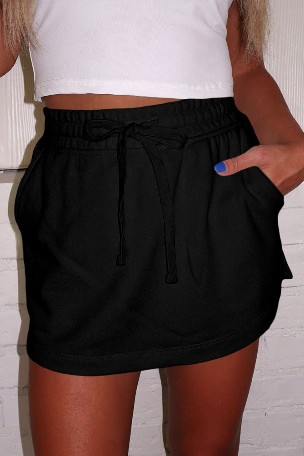 Black French Terry Drawstring Elastic Waistband Mini Skort