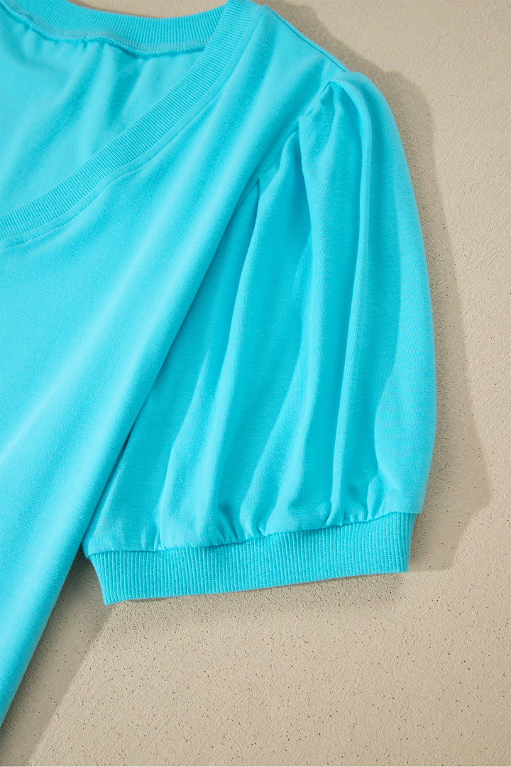 Turquoise Solid Color V Neck Short Puff Sleeve Blouse