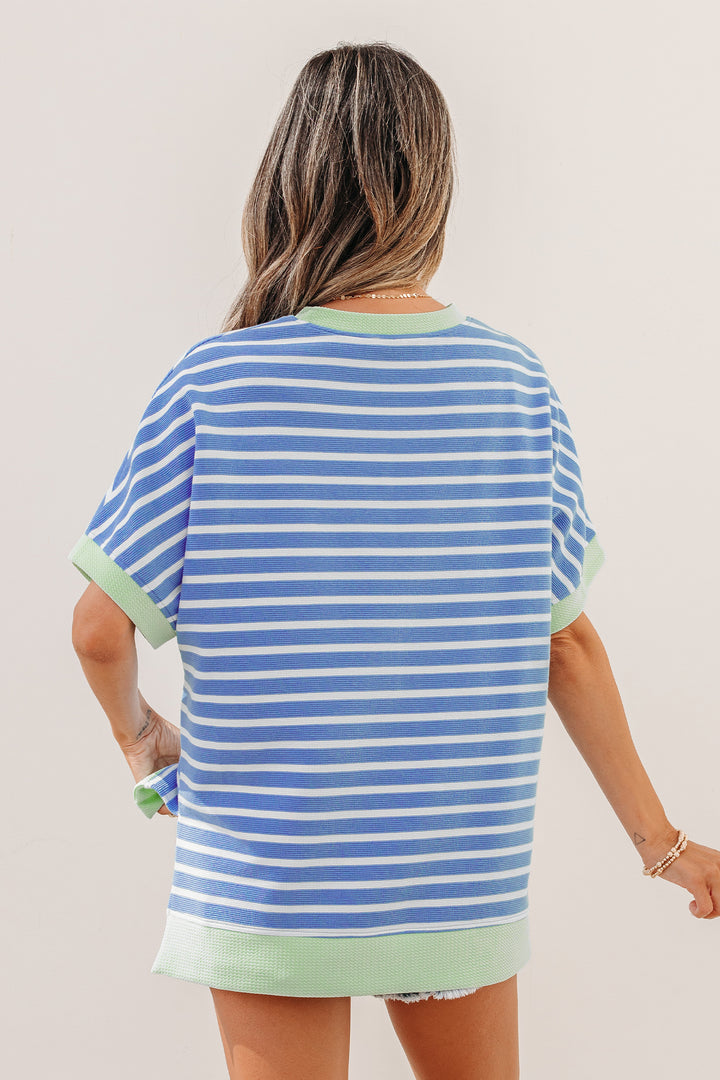 Casual Sky Blue Stripe Loose Short Sleeve Top
