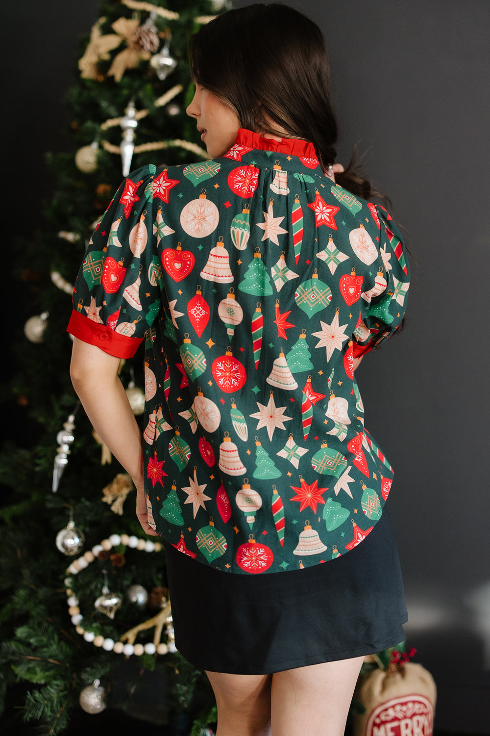 Christmas Fashion Print Contrast Trim Frilled Neck Short Sleeve Blouse