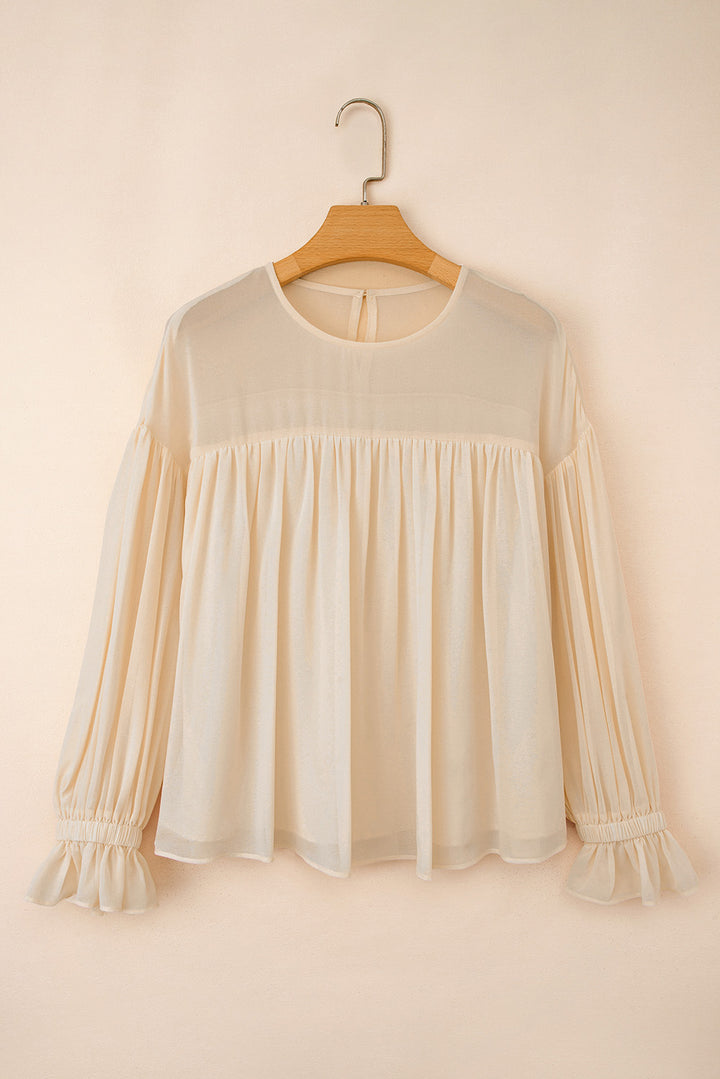 Pleated Ruffle Long Sleeve Chiffon Blouse