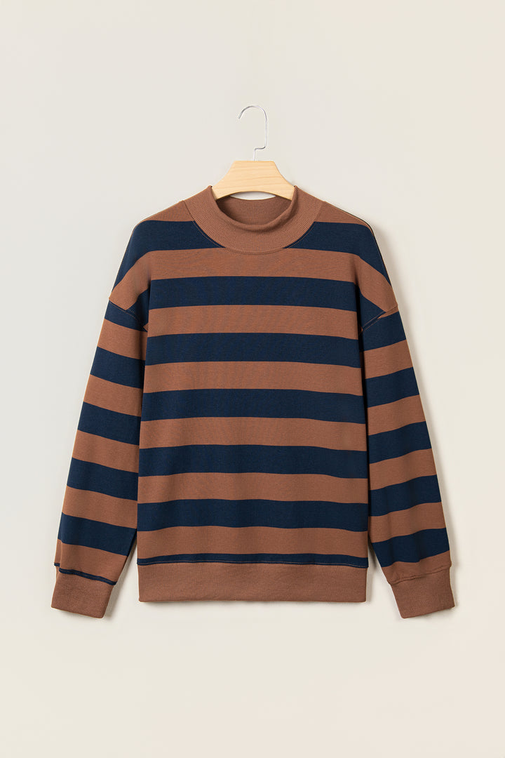 Brown Stripe Colorblock Mock Neck Relaxed Sweatshirt