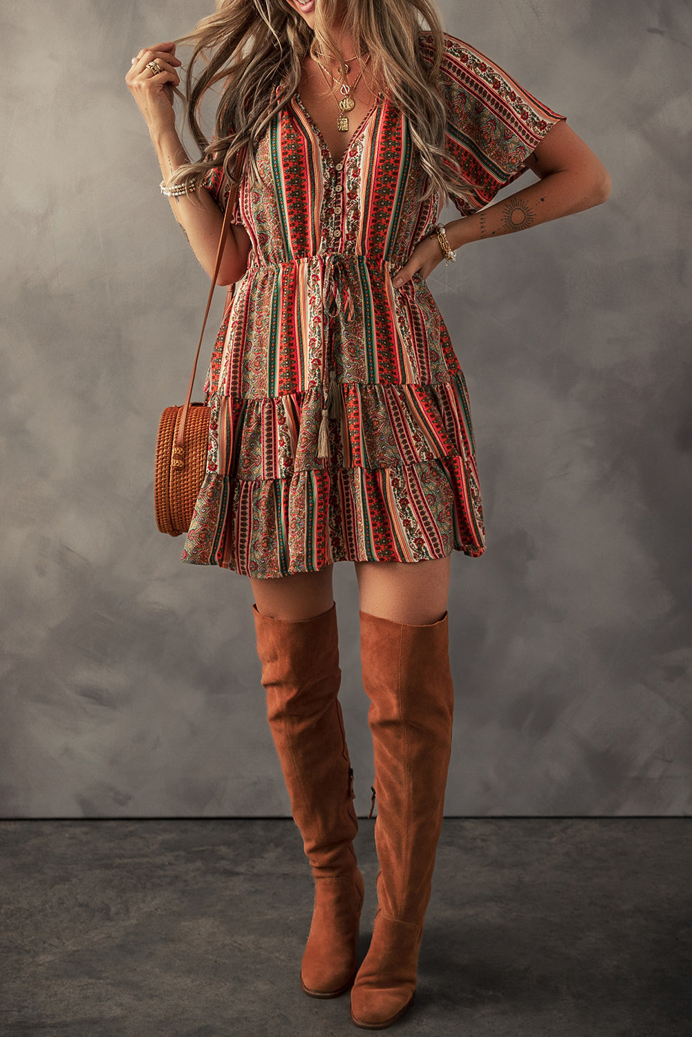 bohemian floral print buttoned v neck ruffle tiered dress