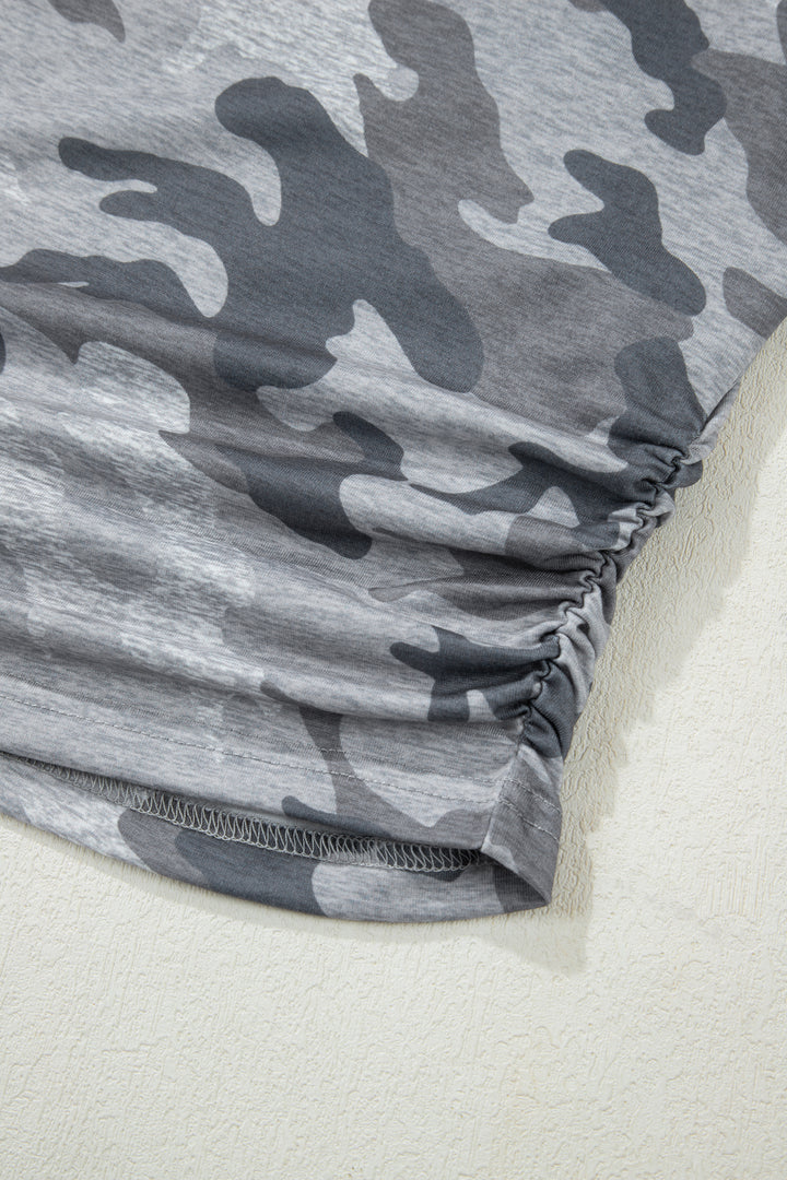 Casual Gray Camouflage Print Round Neck T Shirt