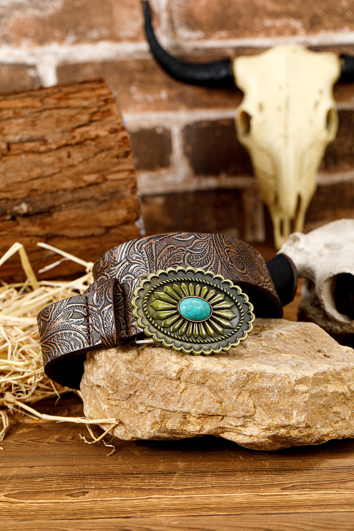 Ceinture en similicuir gaufré à décor de plaque turquoise rétro