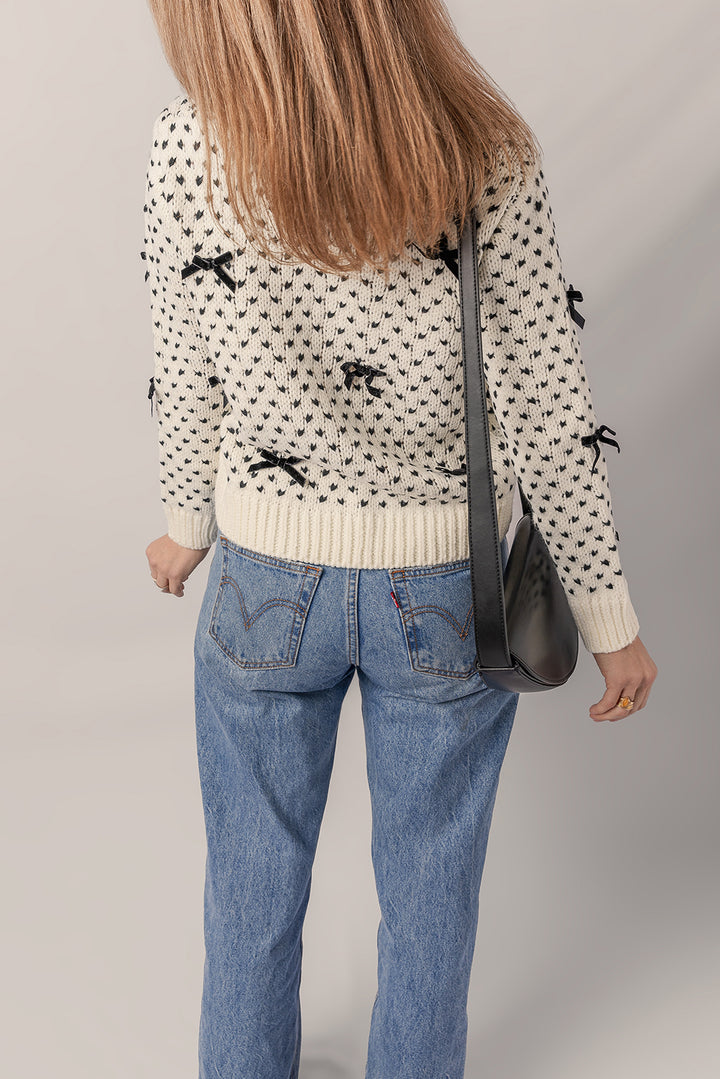 Bow Decor Color Contrast Ribbed Edge Crew Neck Sweater