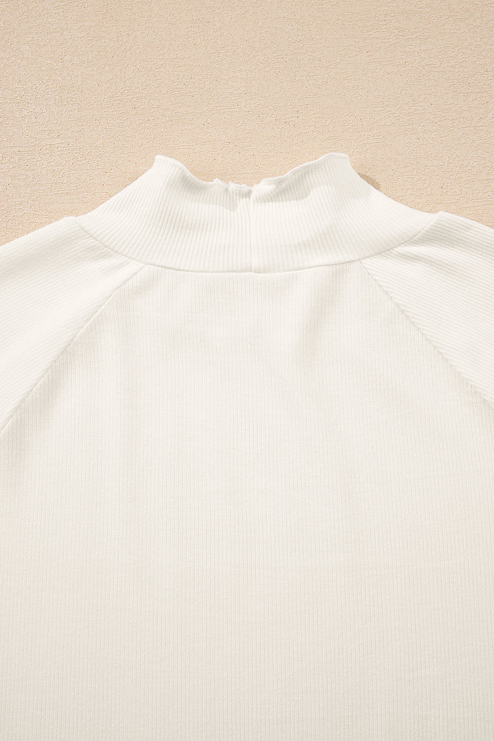 White Ribbed Knit Lettuce Trim High Neck Long Sleeve Top