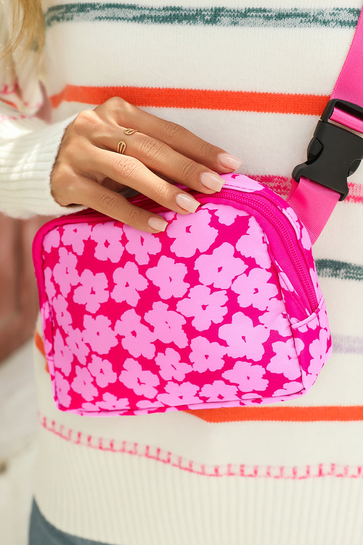 Flower Print Wide Belt Buckle Zipper Crossbody Bag