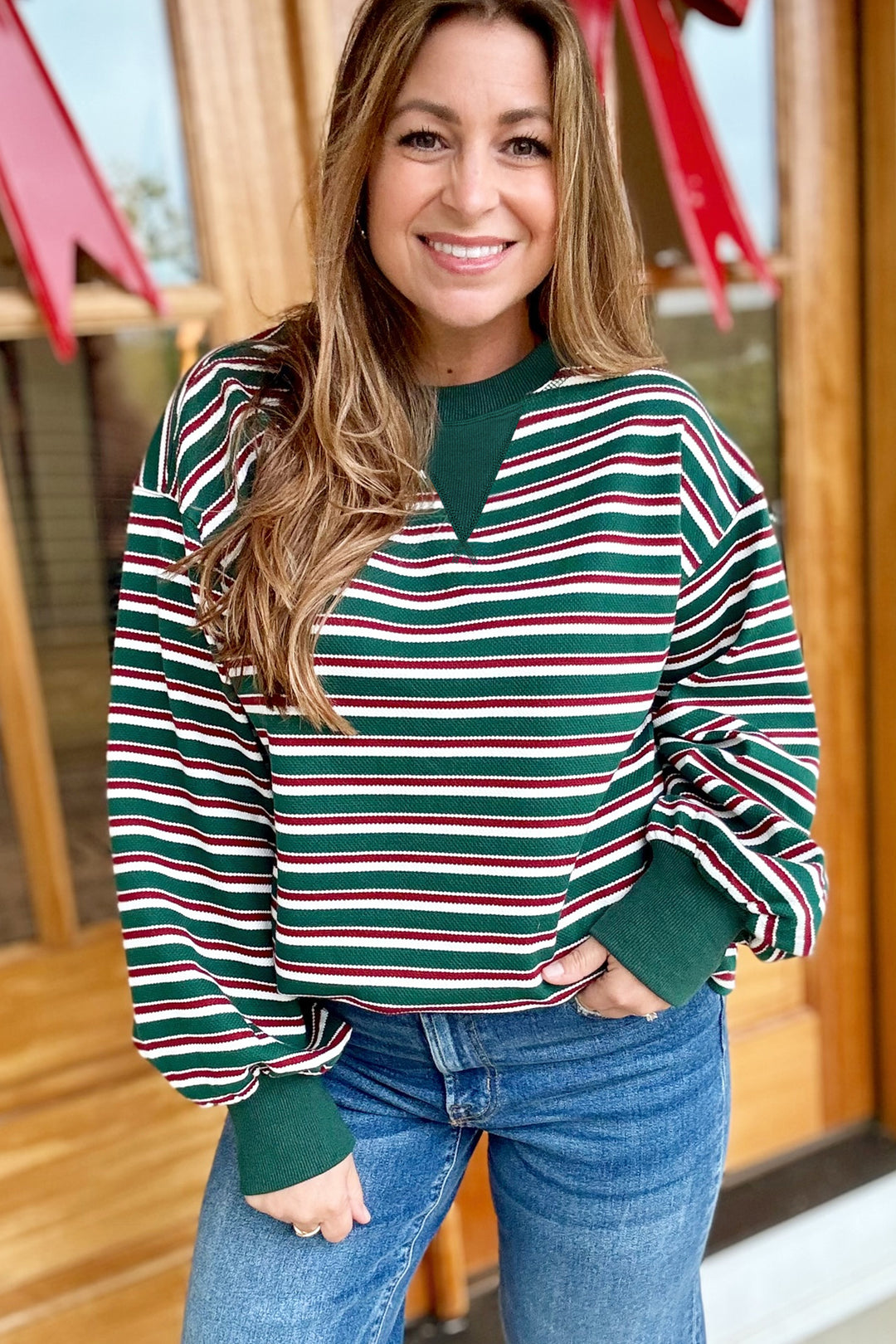 Green Stripe Round Neck Long Sleeve Shift Plus Size Sweatshirt