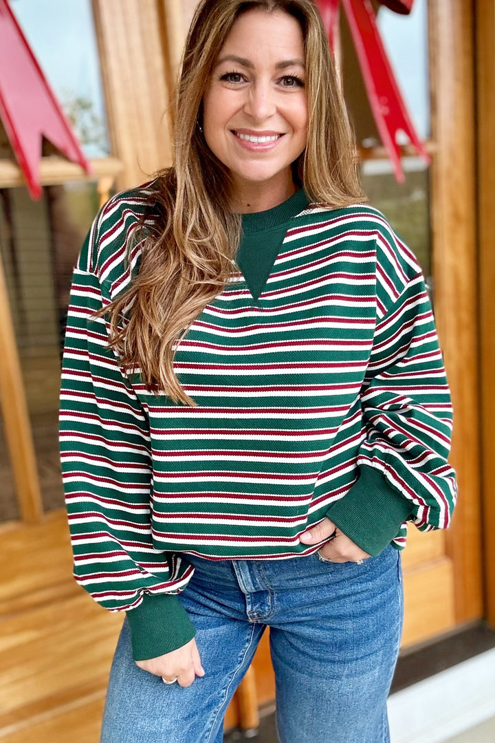 Green Stripe Round Neck Long Sleeve Shift Plus Size Sweatshirt