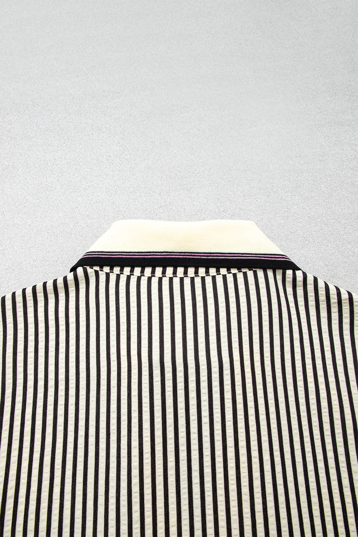 Black Stripe Patchwork V Neck Tunic Plus Size Blouse