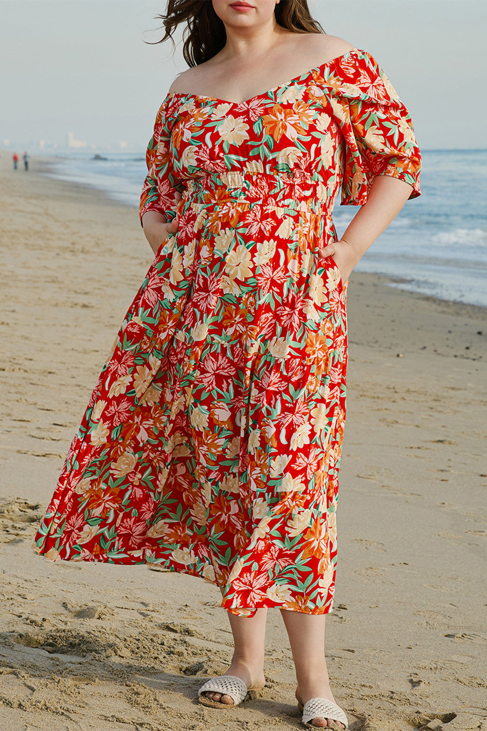 Floral V Neck Flutter Sleeve Cinched Waist Long Plus Size Dress